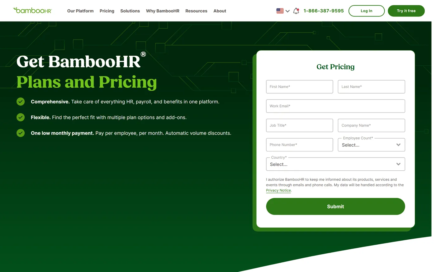 BambooHR pricing page
