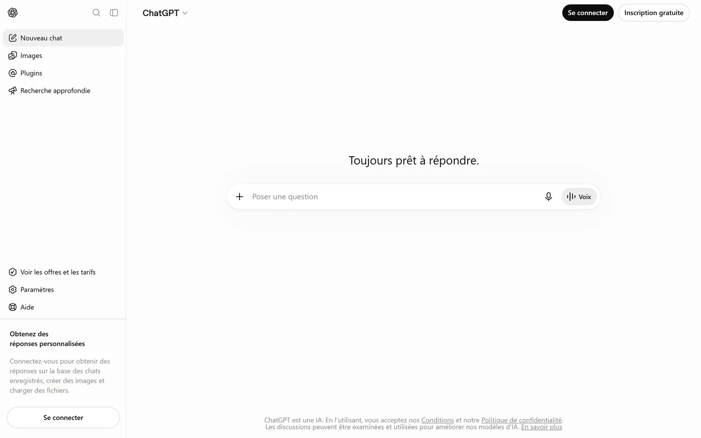 Page d'accueil de ChatGPT