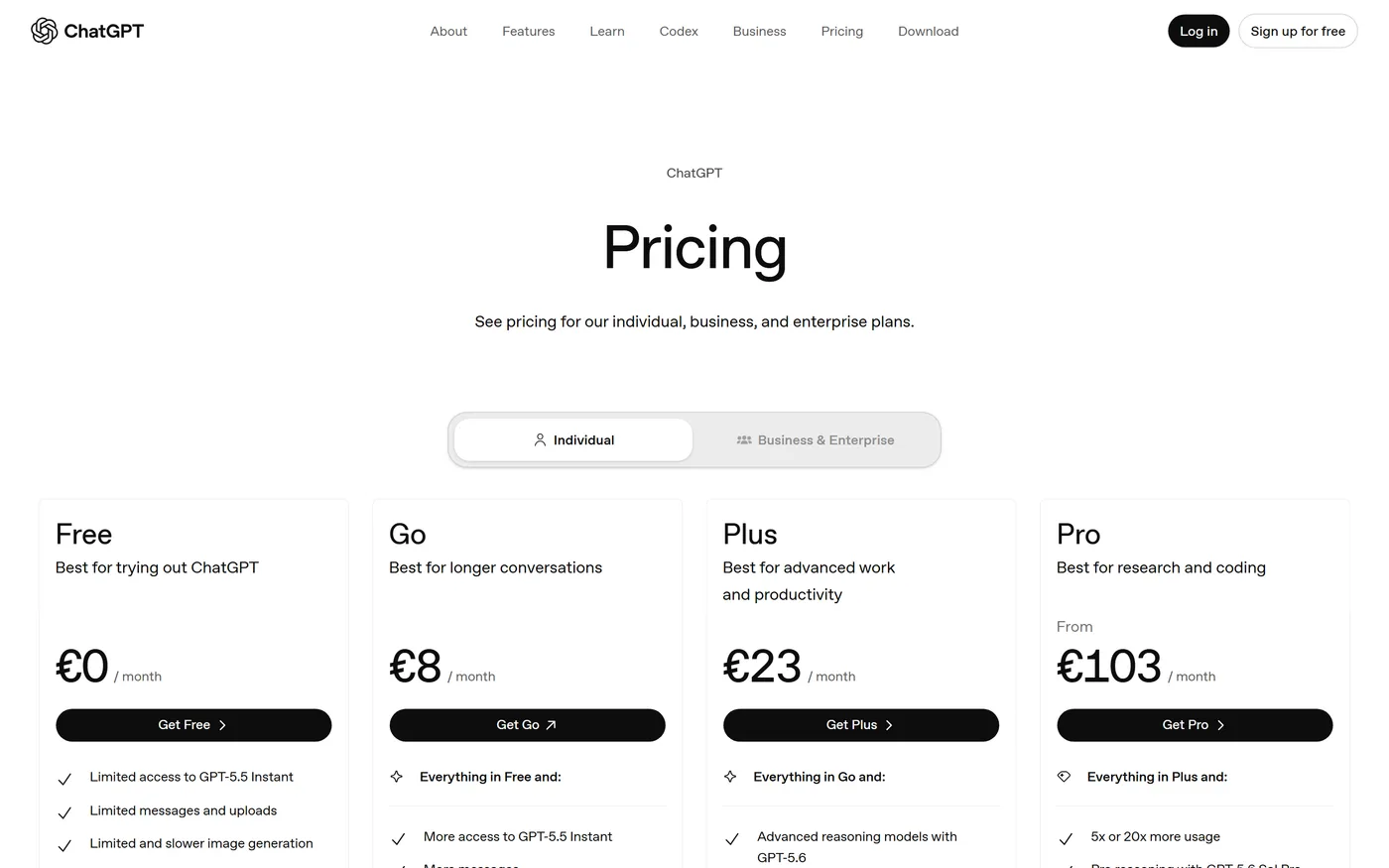 ChatGPT pricing page