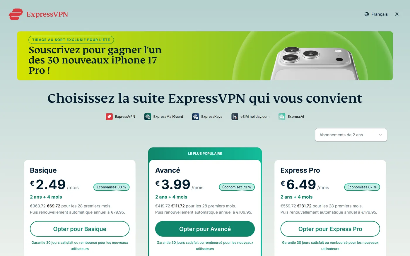 Grille tarifaire de ExpressVPN