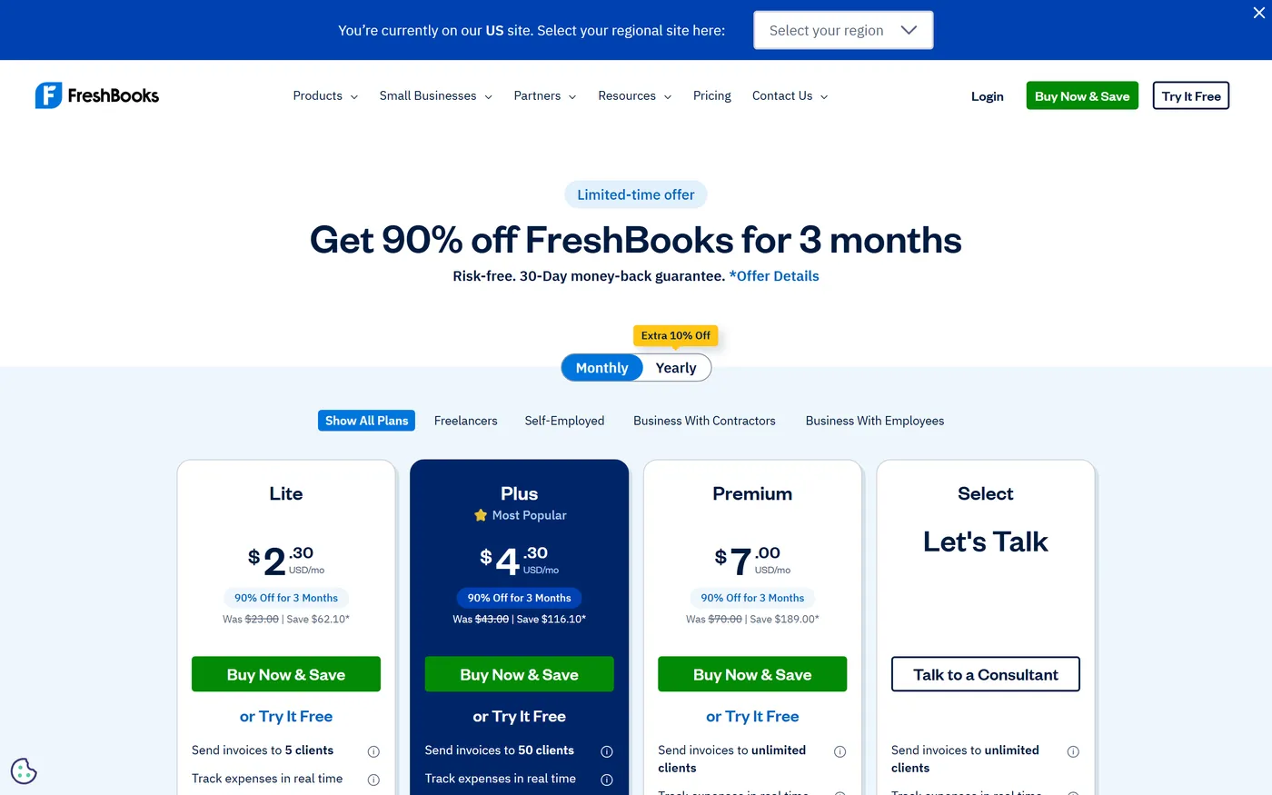 FreshBooks pricing page