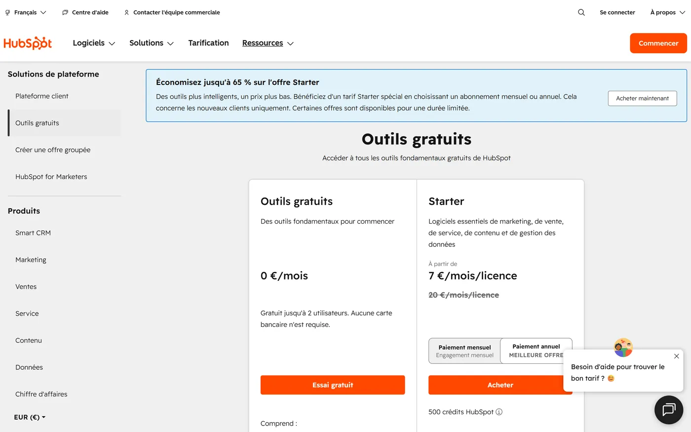 Grille tarifaire de HubSpot