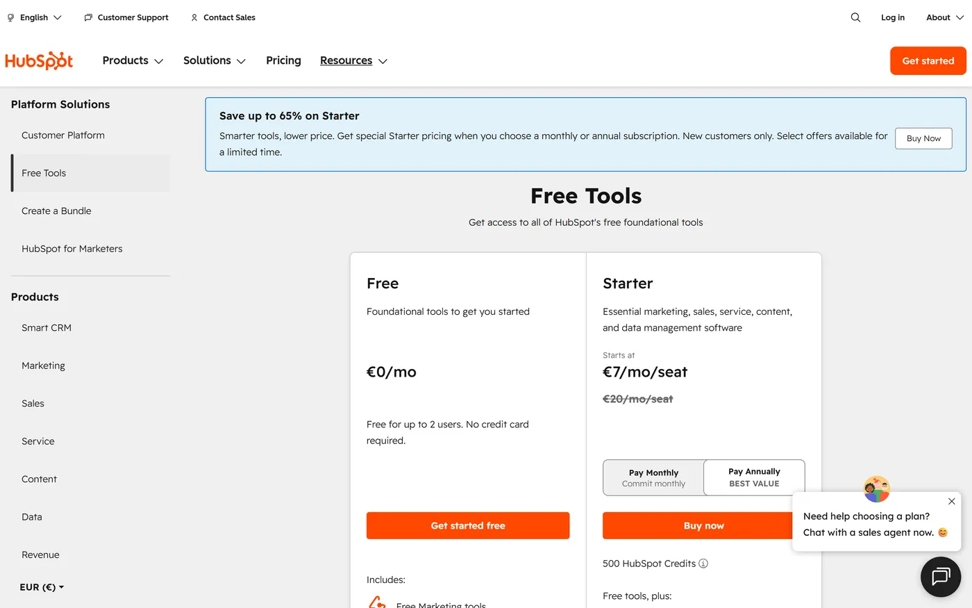 HubSpot pricing page