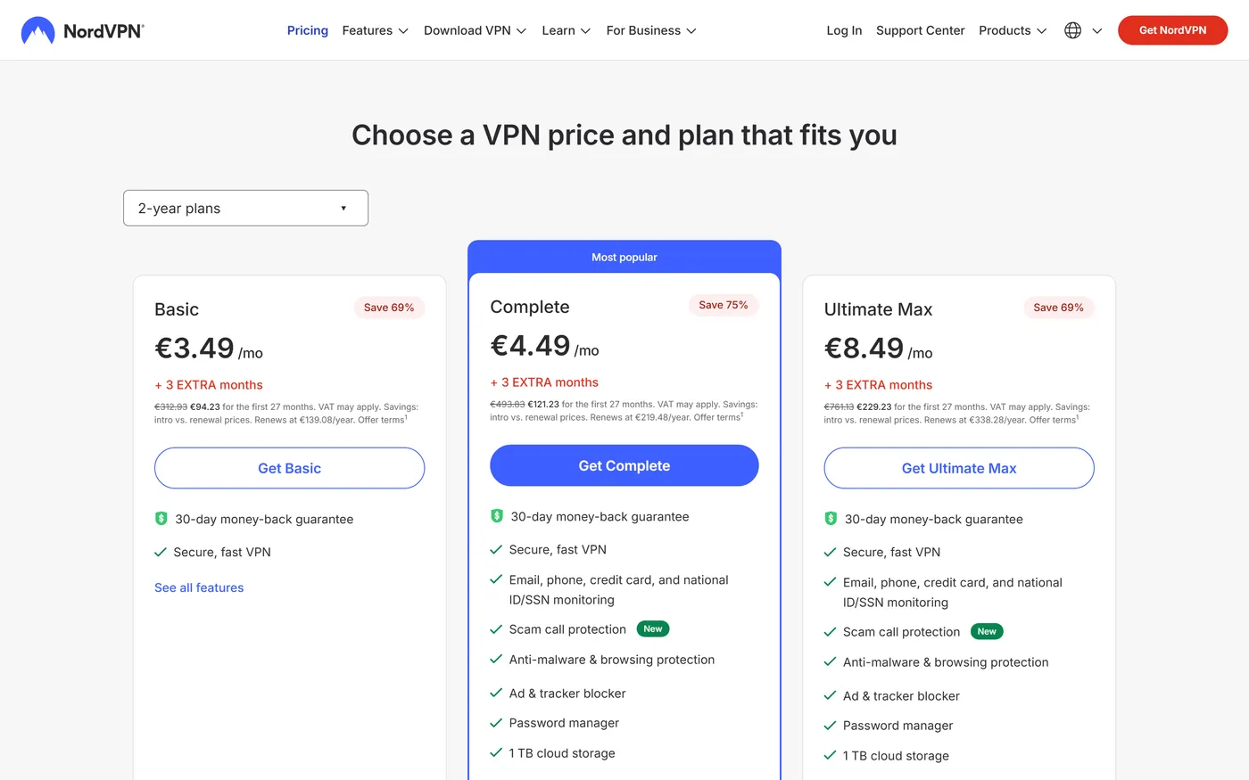 NordVPN pricing page