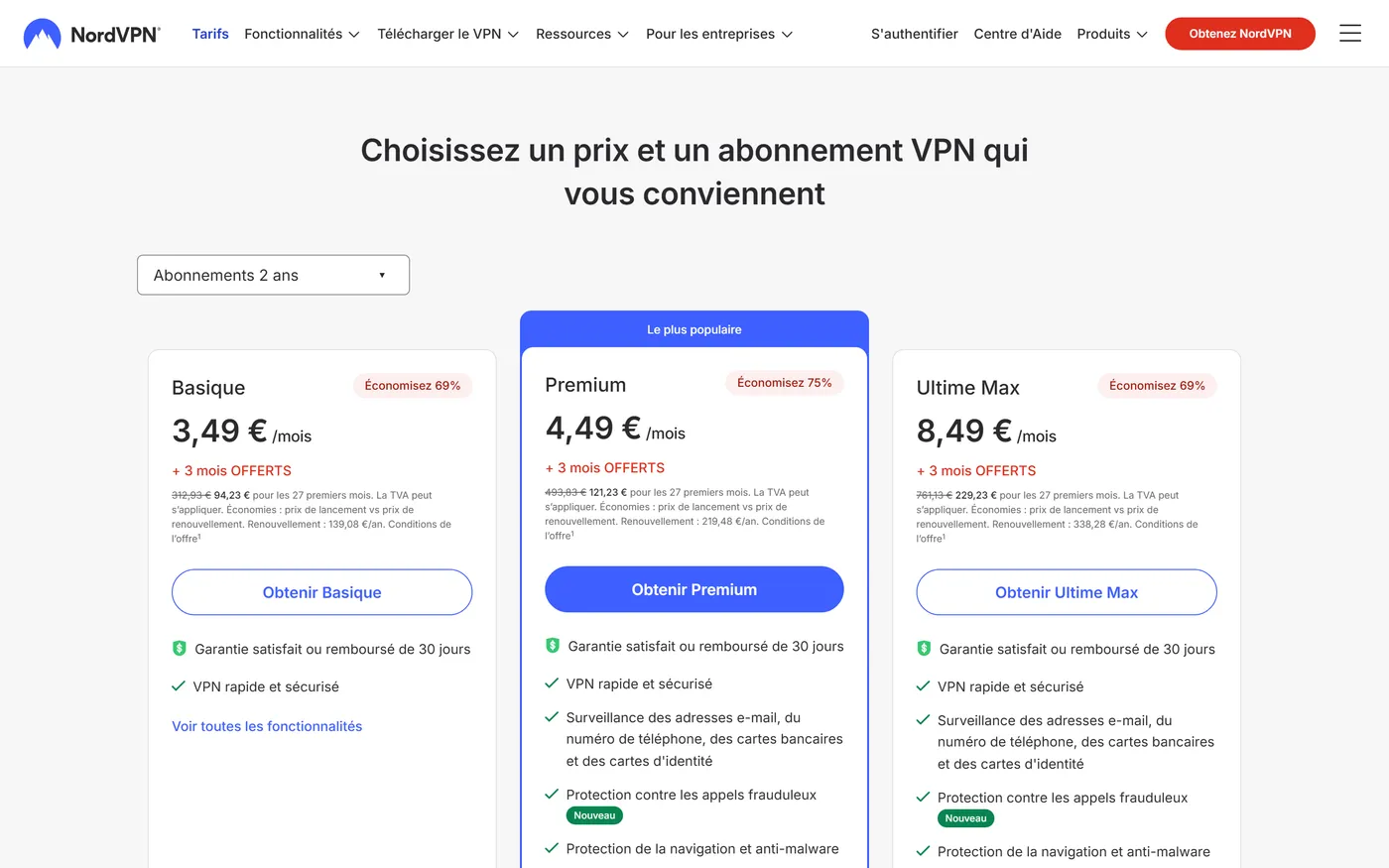 Grille tarifaire de NordVPN