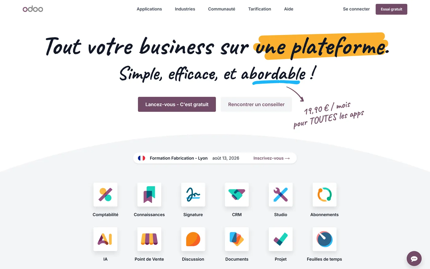 Page d'accueil de Odoo