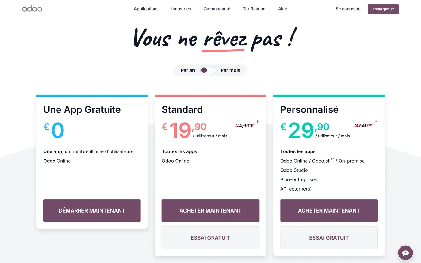 Grille tarifaire de Odoo