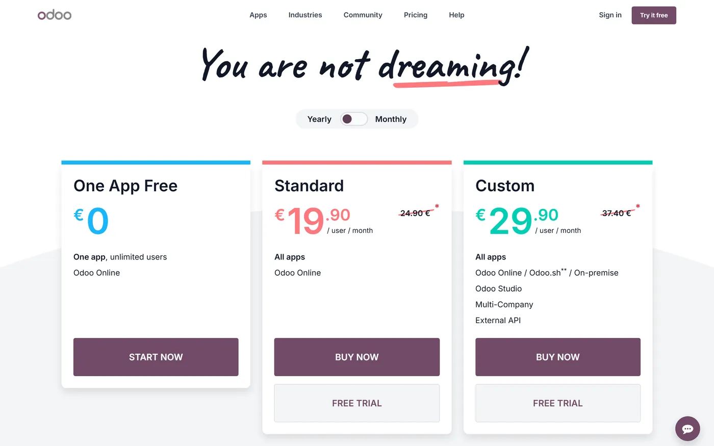 Odoo pricing page