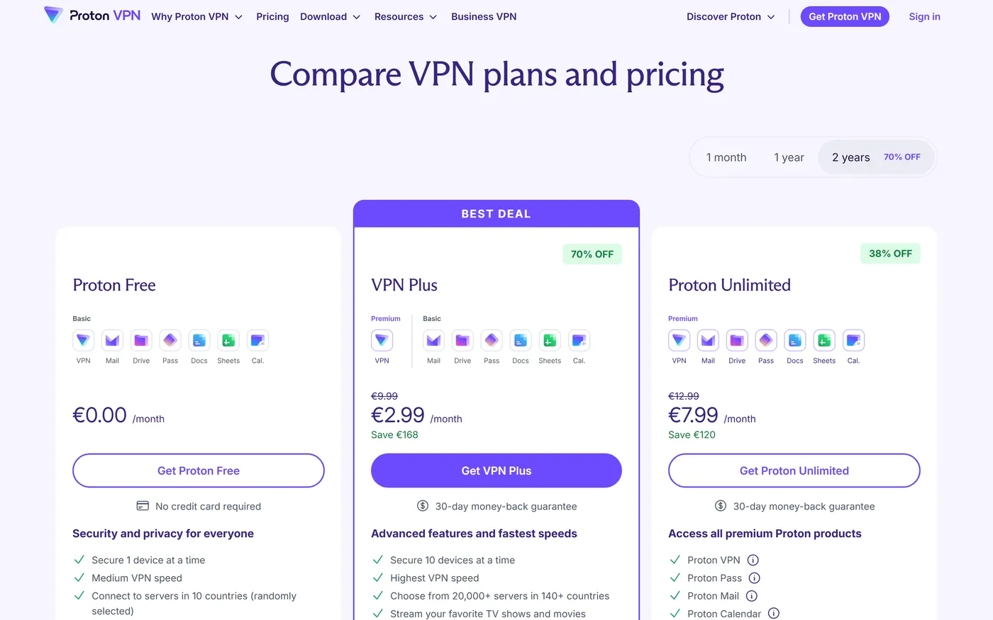 Proton VPN pricing page