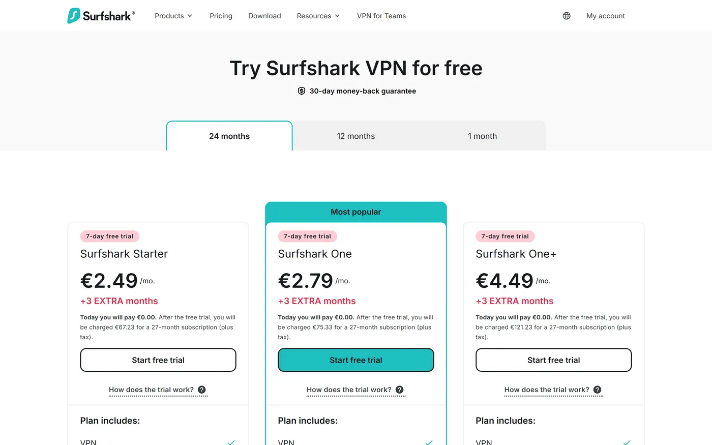 Surfshark pricing page