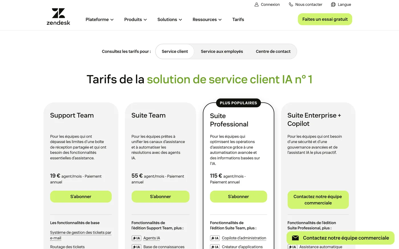 Zendesk pricing page