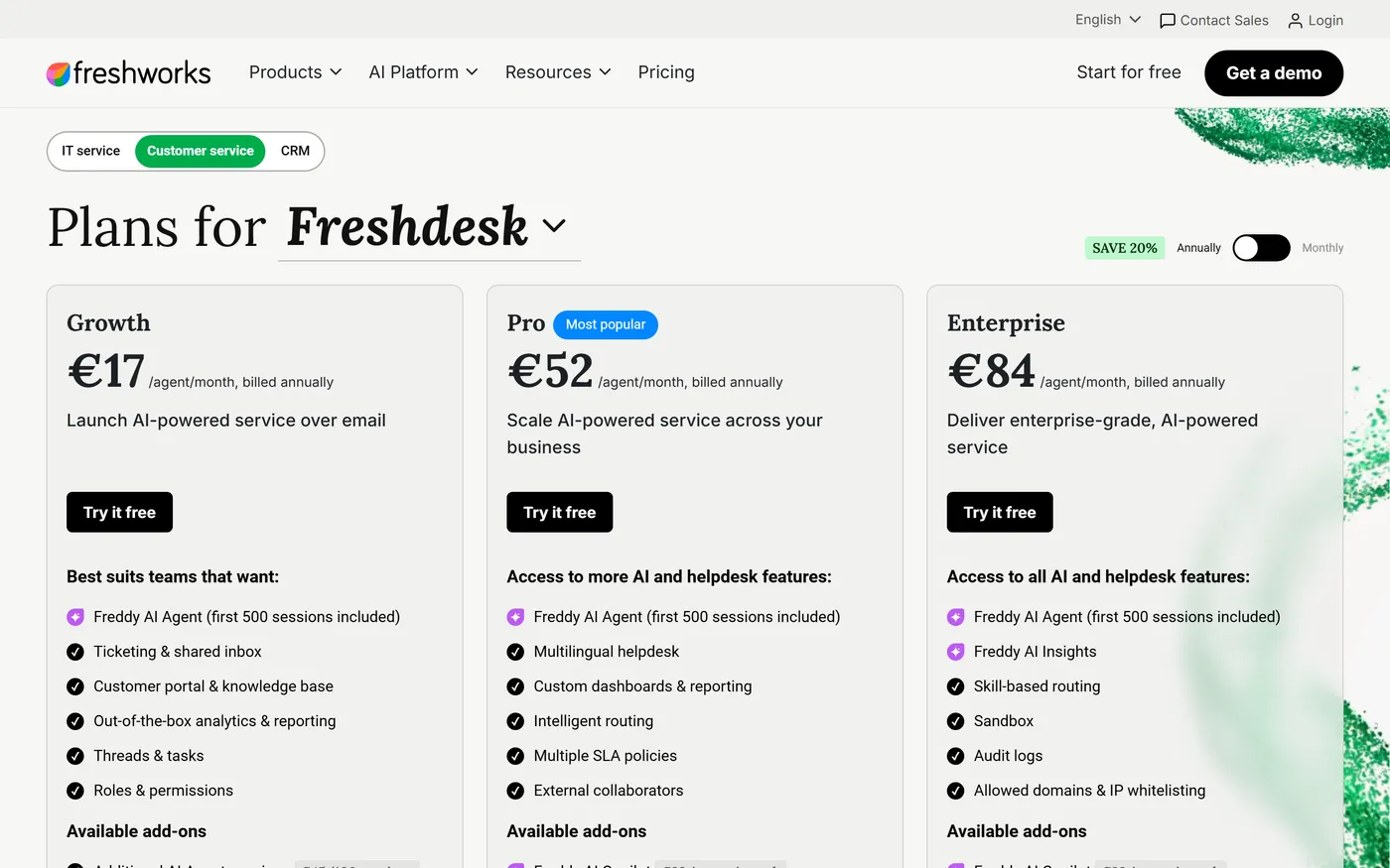 Freshdesk pricing page