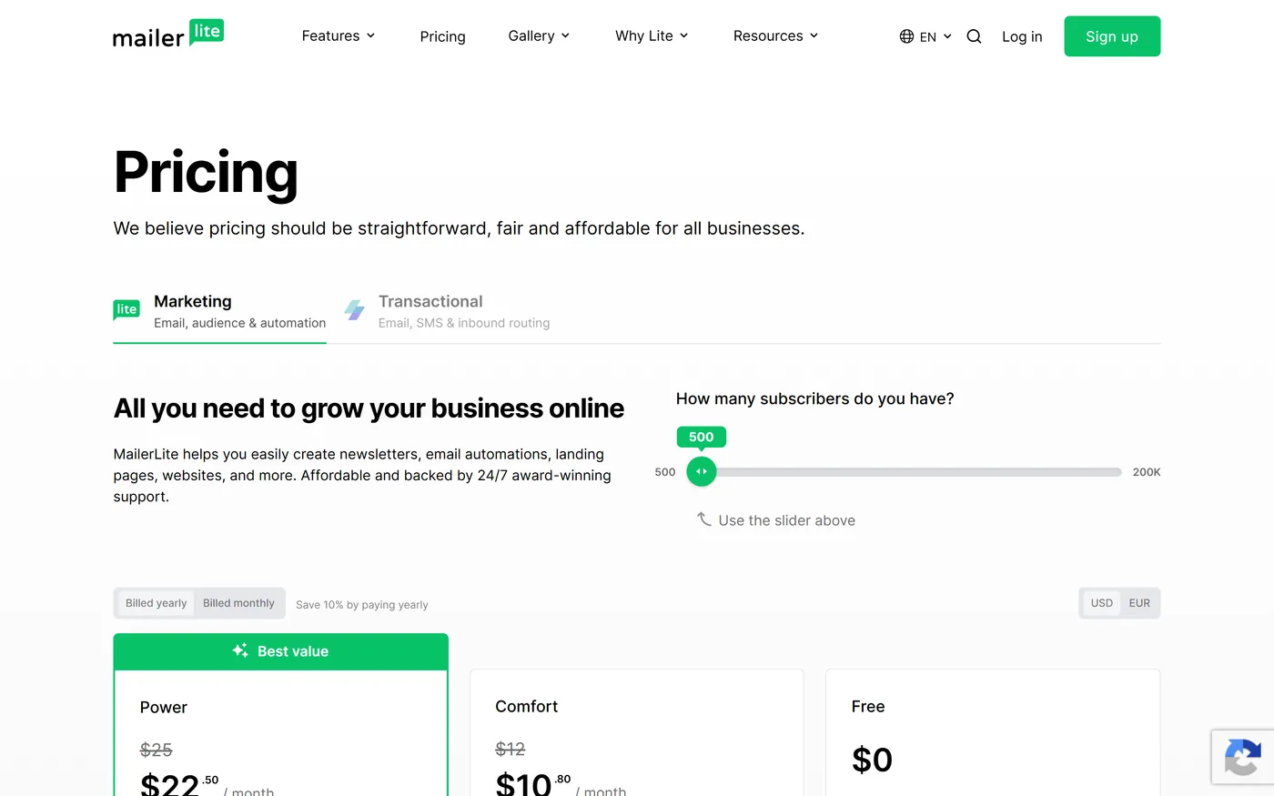 MailerLite pricing page