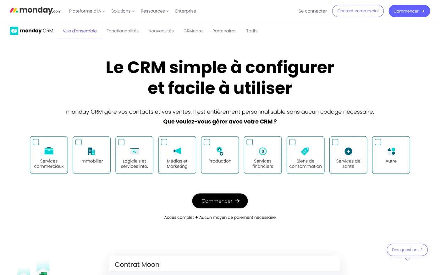 Page d'accueil de monday CRM