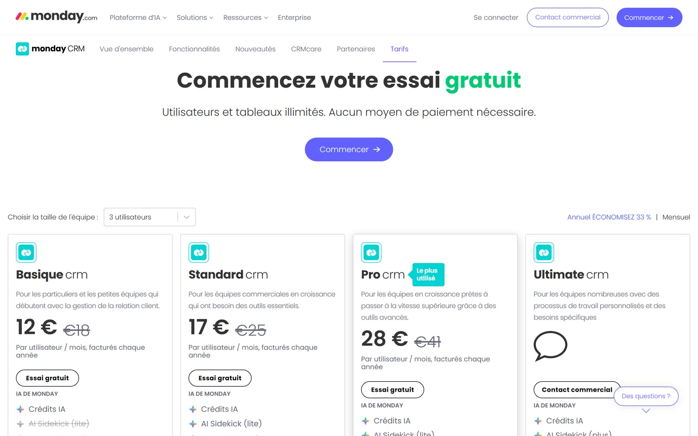 Grille tarifaire de monday CRM