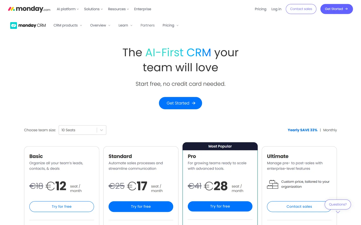 monday CRM pricing page