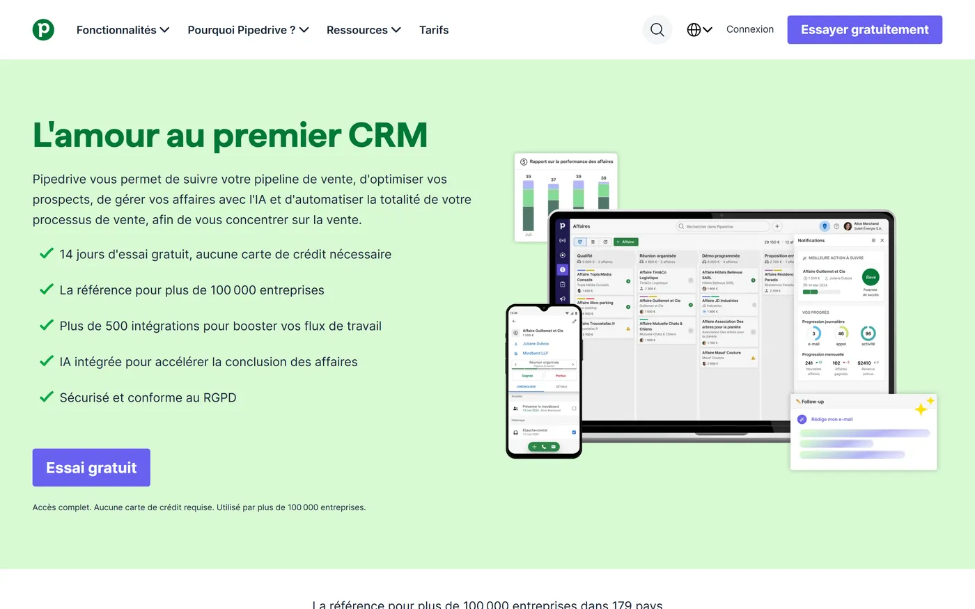 Page d'accueil de Pipedrive