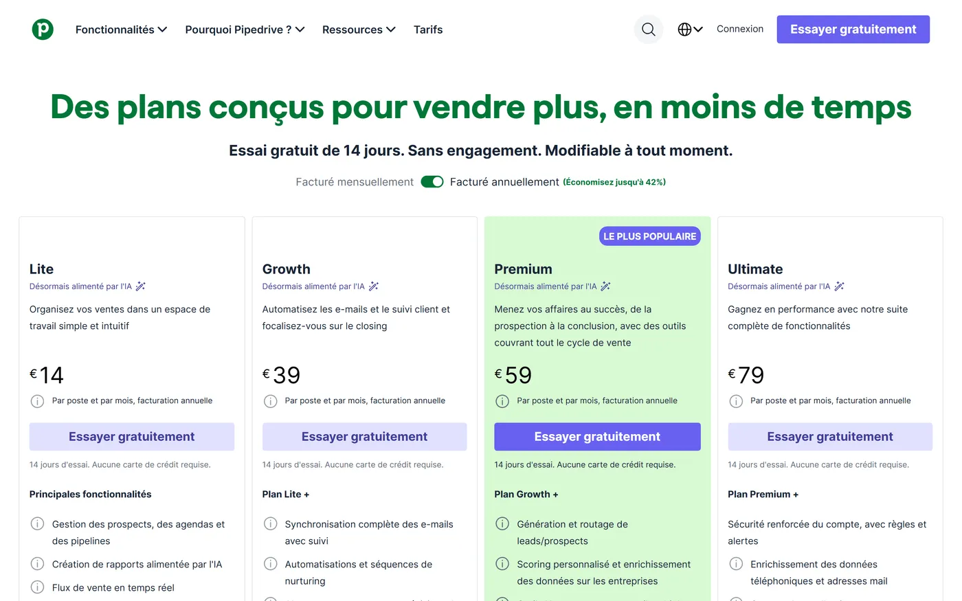 Grille tarifaire de Pipedrive