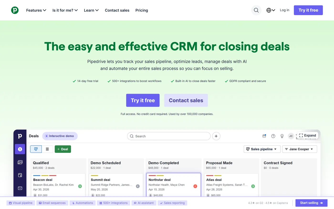 Pipedrive homepage