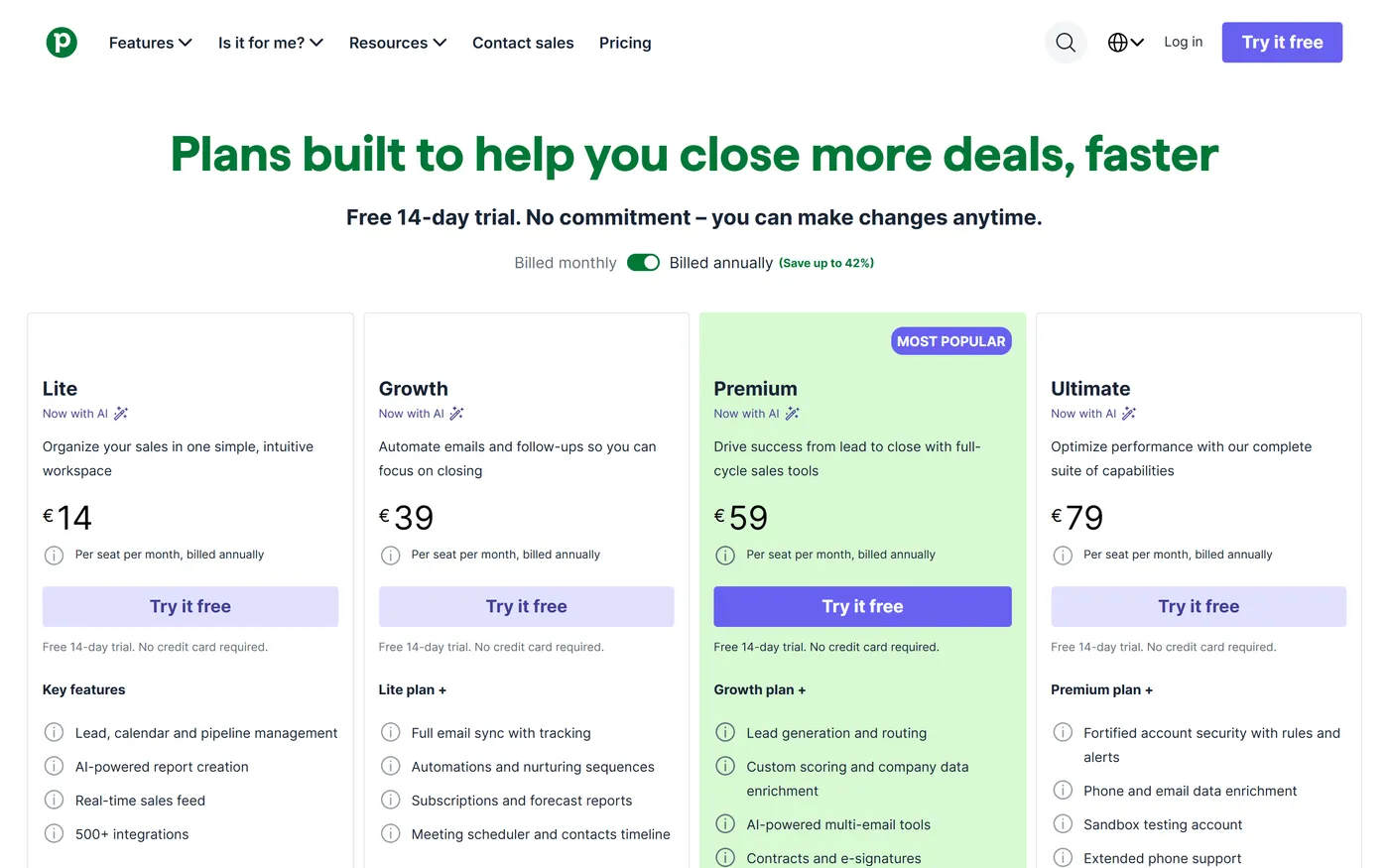 Pipedrive pricing page