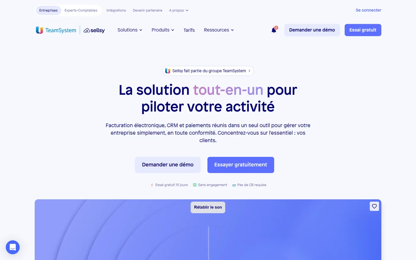 Page d'accueil de Sellsy
