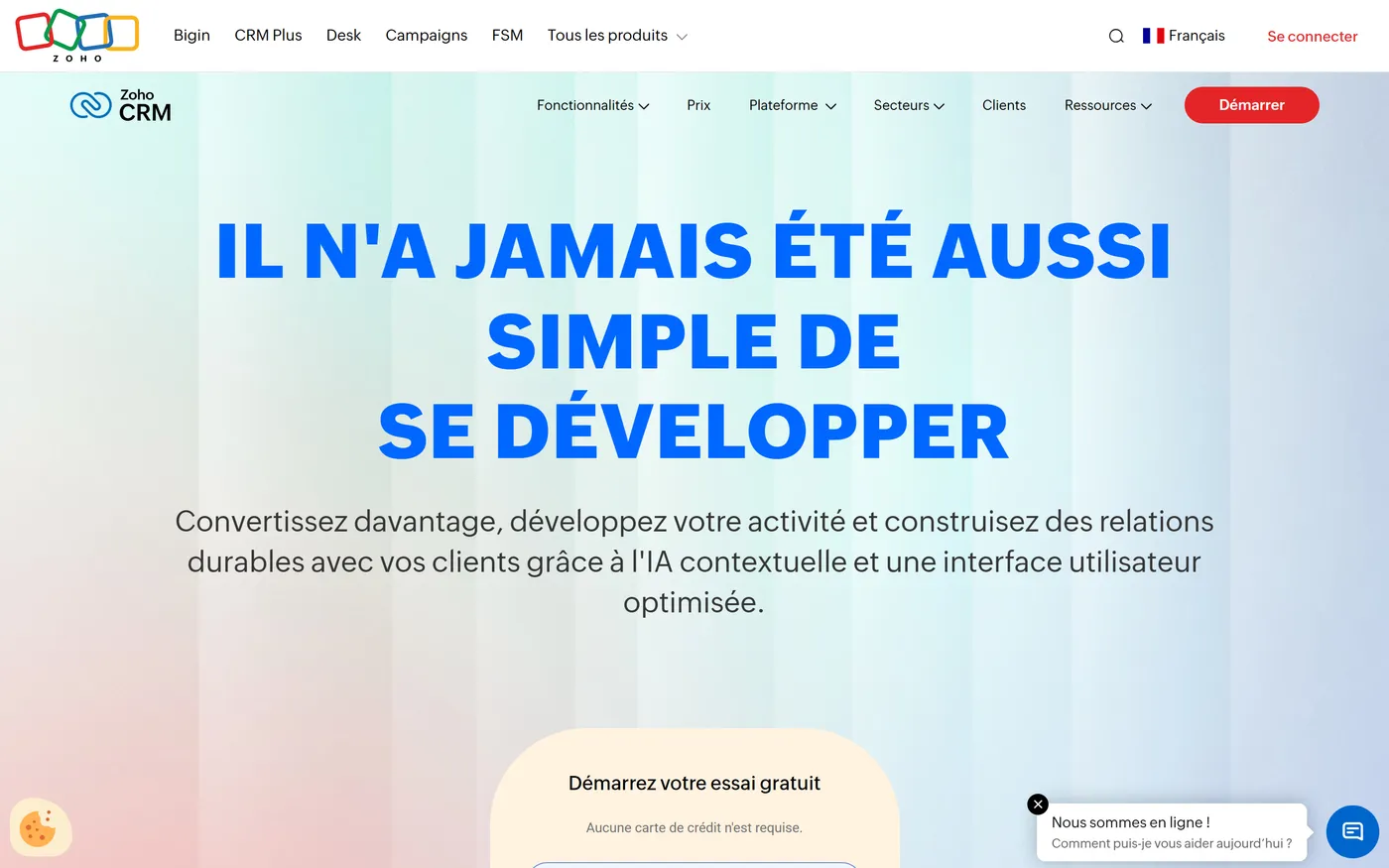 Page d'accueil de Zoho CRM