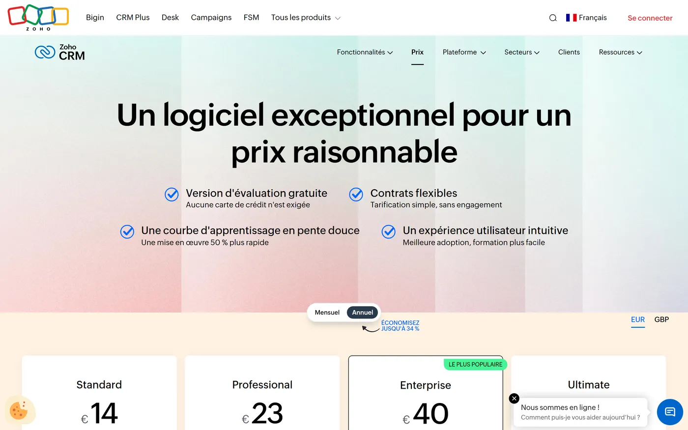 Grille tarifaire de Zoho CRM