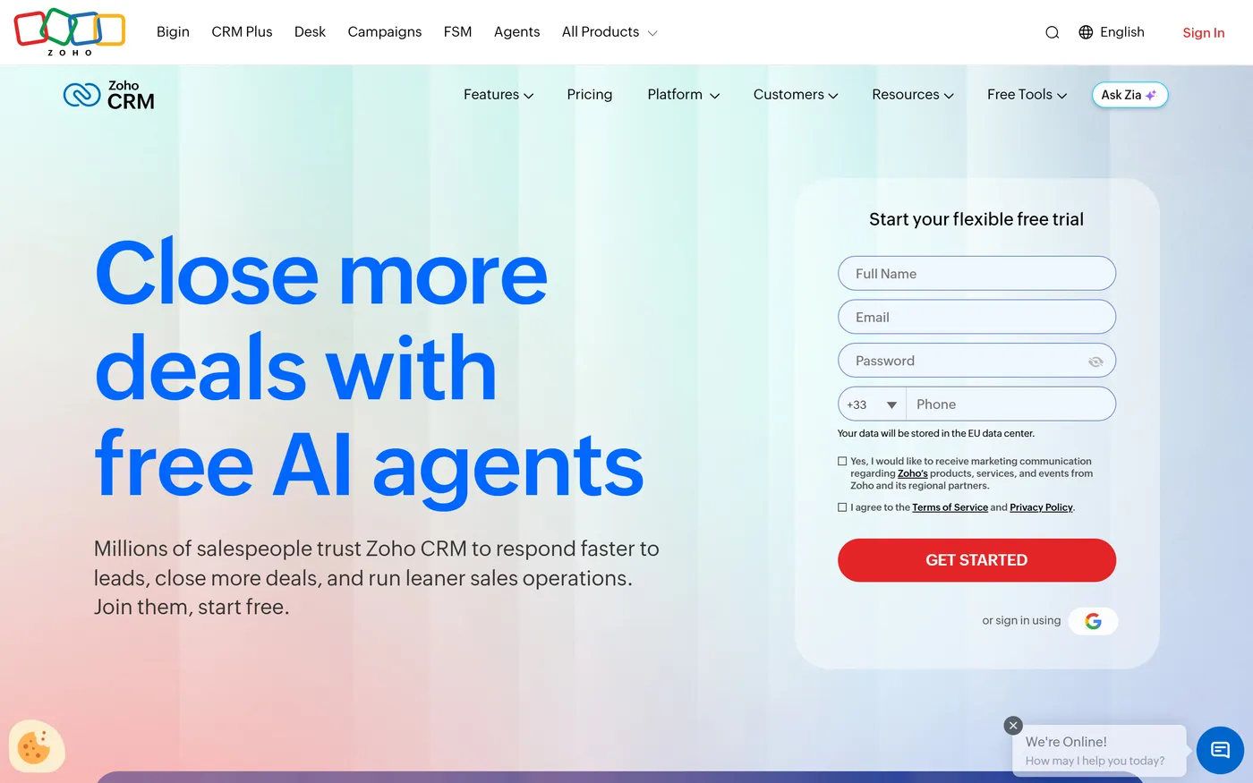 Zoho CRM homepage